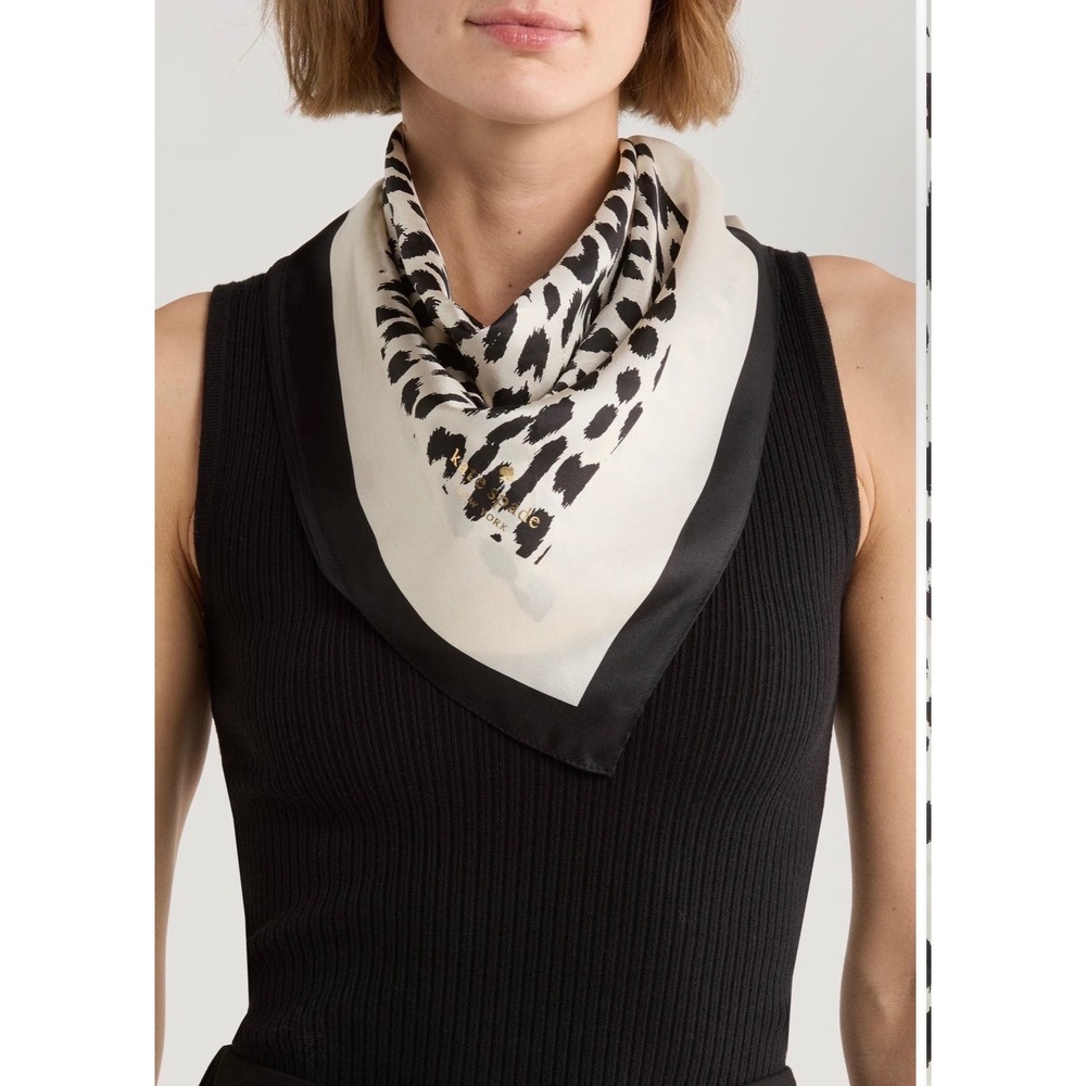 Kate Spade New York Silk Square Scarf Black White Animal Leopard Print NWT